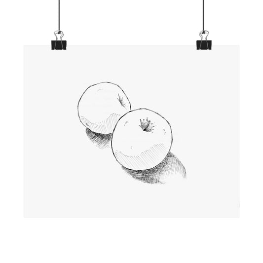 Black & White Apple Sketch Matte Horizontal Poster — Ink Apples with Shadows